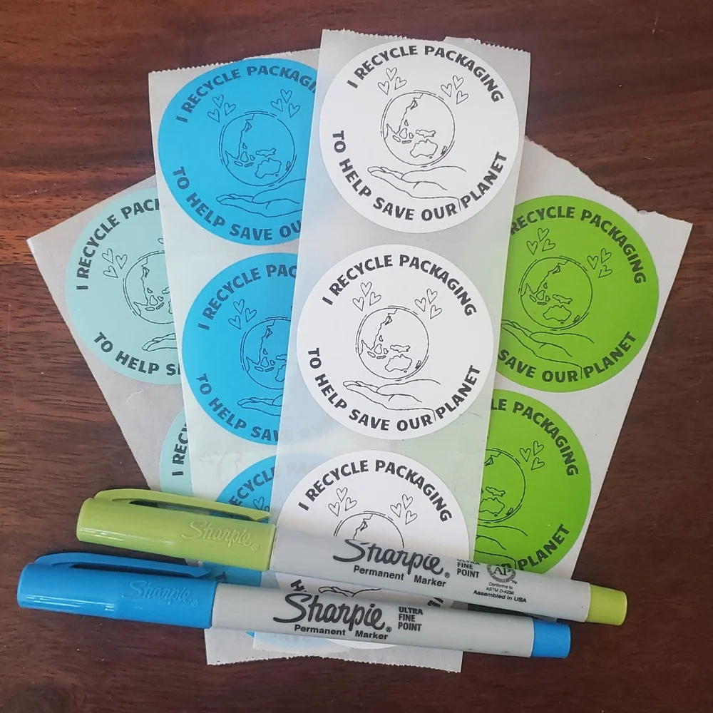 3/$15 50 RECYCLE PACKAGING STICKERS LARGE ROUND TWO INCH BLUE GREEN WHITE